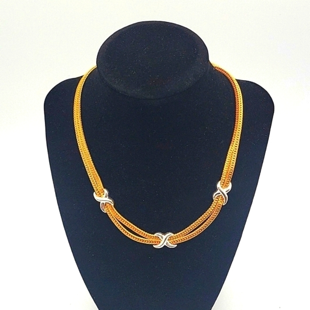 AVON Signed Vintage Double Strand Gold Tone Necklace Silver Accents